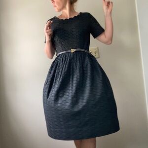 “Quaker Lady” black eyelet 1950s dress w/ scalloped boat neck full skirt